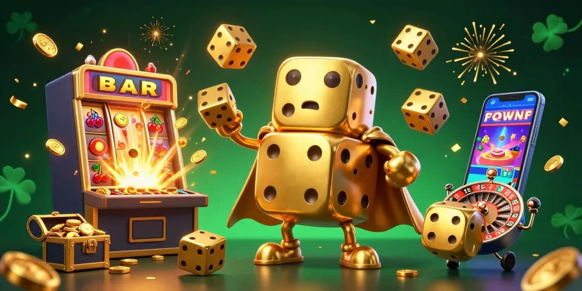 Experience thrilling casino jackpot excitement with DH88’s vibrant 3D digital illustration featuring golden dice and slot machines.
