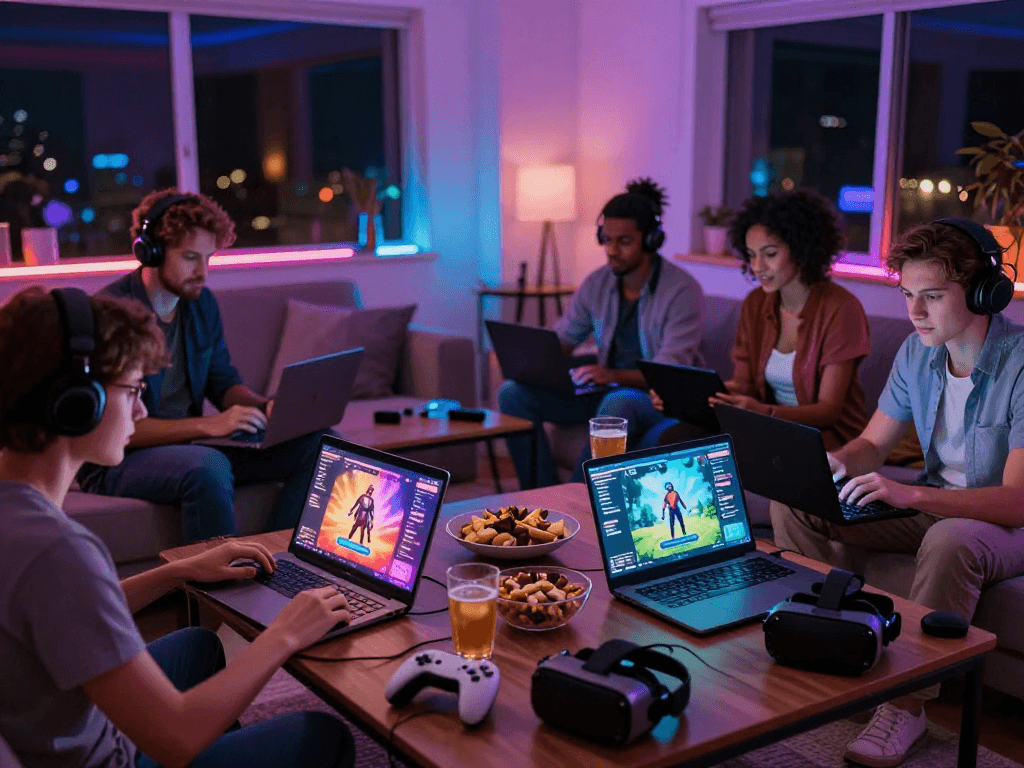 Adults enjoying interactive porn games in a cozy setting with colorful lighting and snacks.