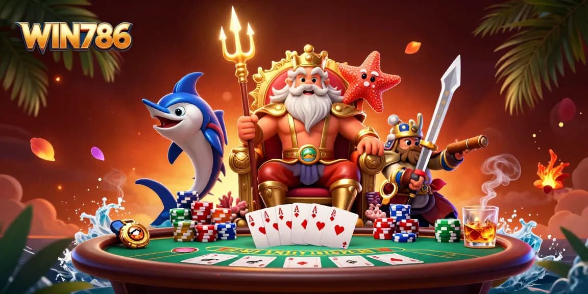 Experience the thrilling games at WIN786 with the vivid 3D illustration of Neptune surrounded by poker and gaming elements.