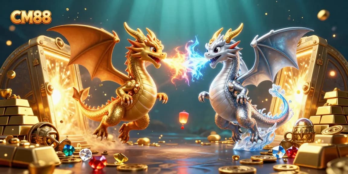 Play and win big with CM88, featuring dynamic 3D dragons and an explosion of treasures in this casino illustration.