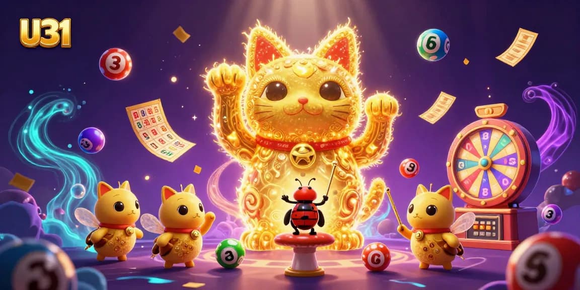 U31 captivates with festive energy, featuring a lucky cat surrounded by vibrant casino symbols and lottery themes.