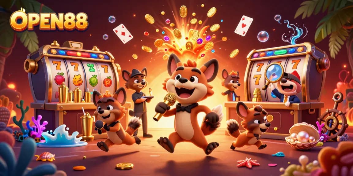 Engage with OPEN88 in a vibrant casino scene featuring hyenas in action.