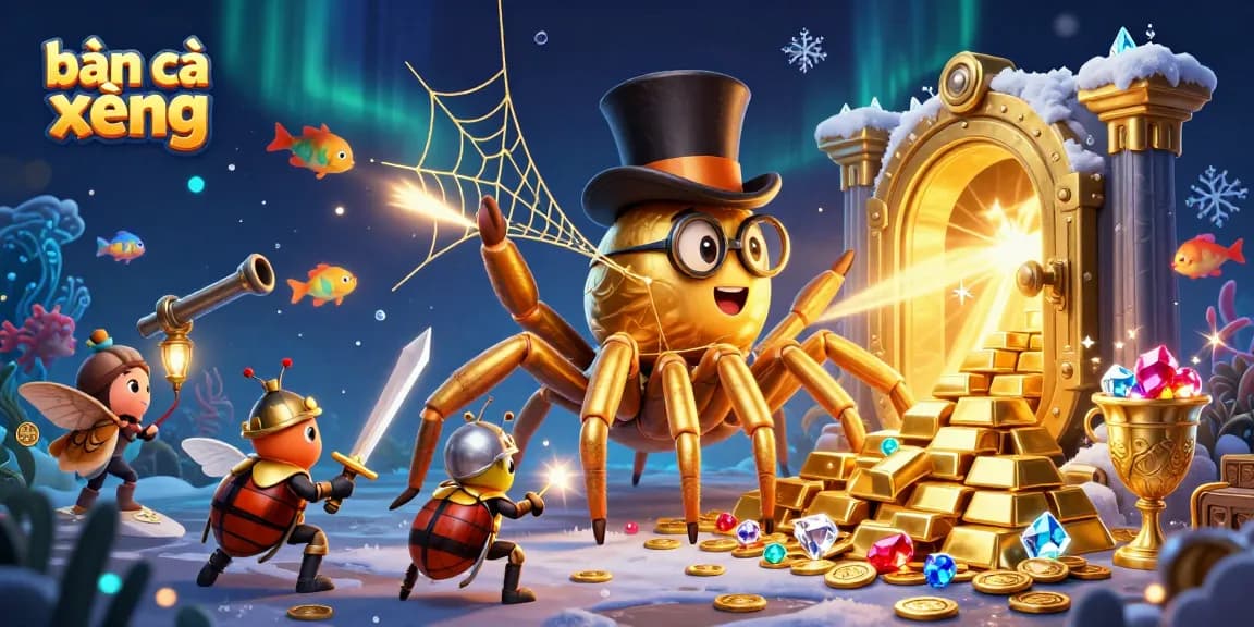 Engage in bắn cá xèng with this 3D illustration of underwater adventures featuring sea creatures and treasure vaults.