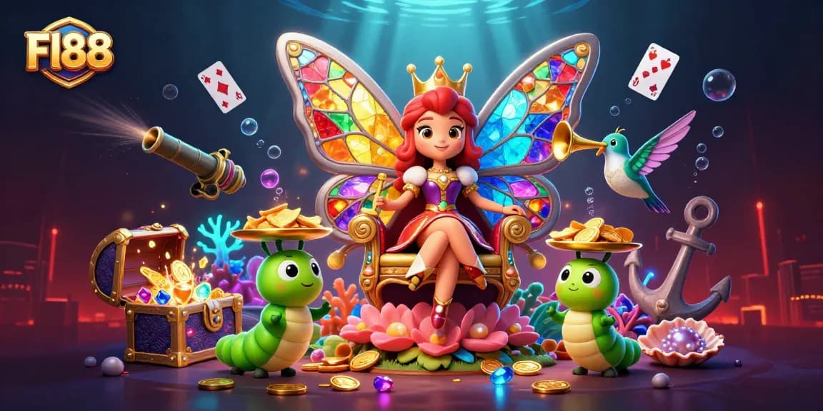 Engaging Fl88 casino scene featuring a vibrant butterfly queen and her chip-carrying servants among treasure elements.