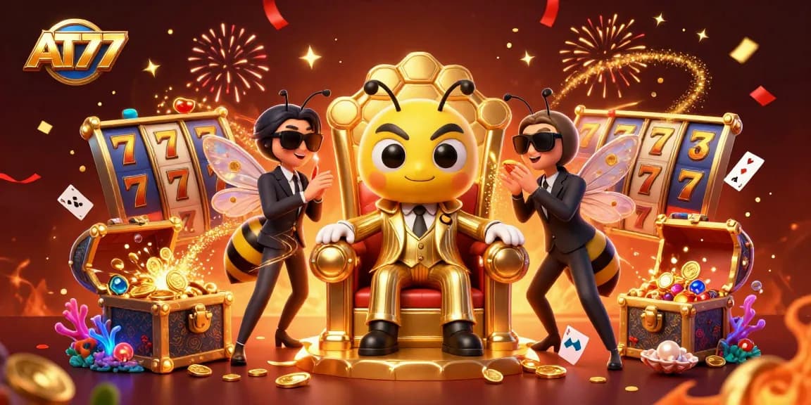 Engage with AT77’s dynamic casino world featuring a bumblebee mob boss amidst slot reels and gold treasures.