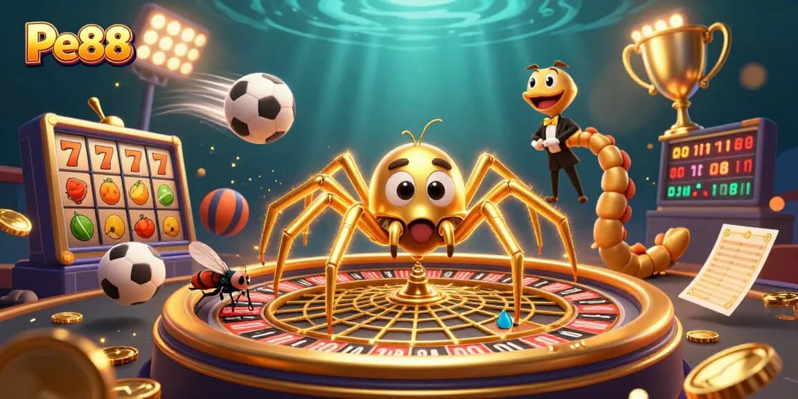 Engage in thrilling gaming with Pe888 as a golden spider spins a roulette web surrounded by dynamic sports elements.