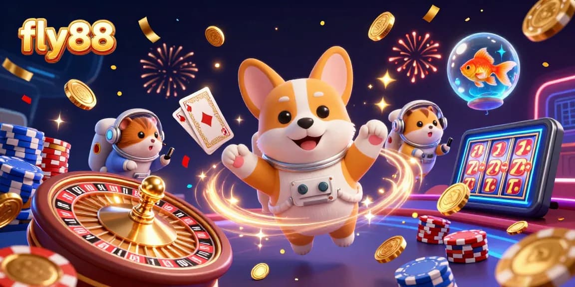Experience the excitement of fly88 with a floating casino adventure featuring cartoon corgi astronauts.