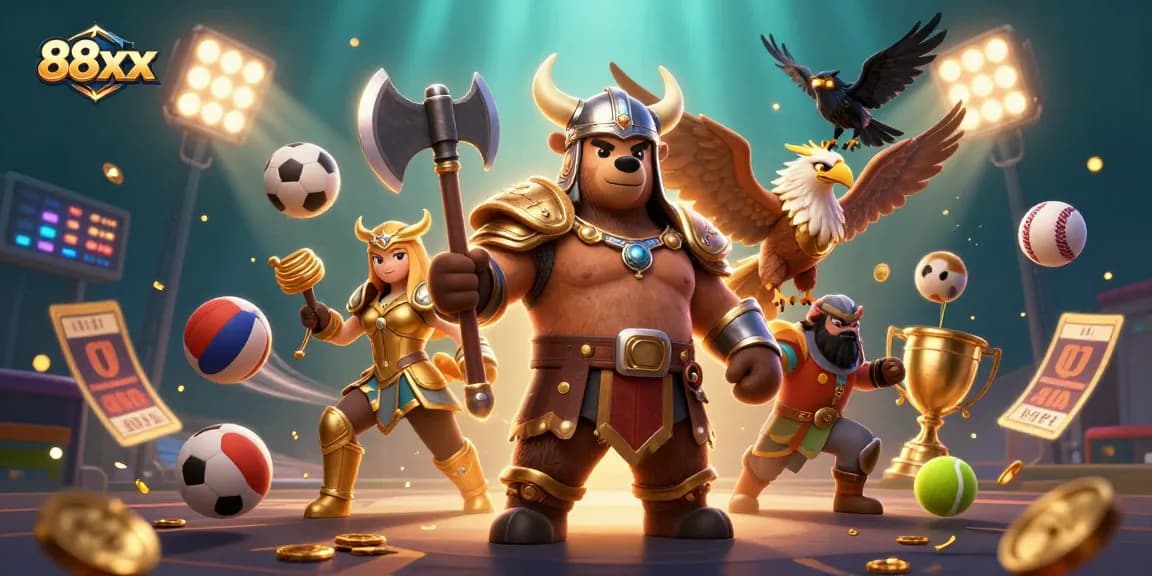 Engage in thrilling gameplay with 88xx as the Viking berserker and Valkyrie eagle set the casino scene, featuring sports elements.