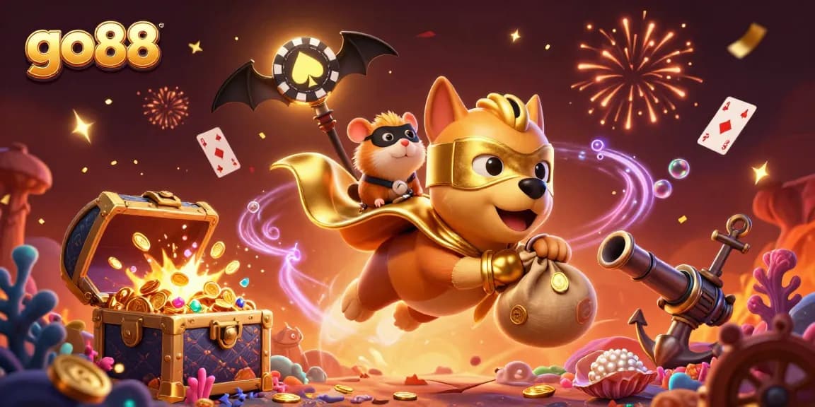 Chơi game tại Go88 với hình ảnh siêu anh hùng hàng đầu và thú cưng trong không gian lấp lánh.