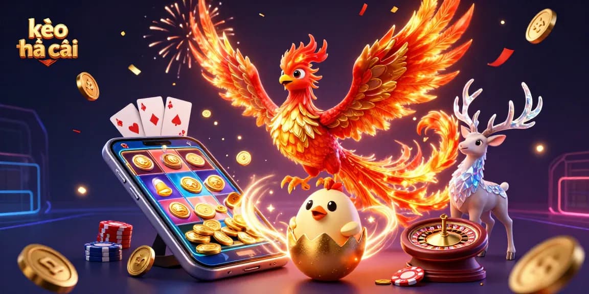 Engage with kèo nhà cái offers featuring a striking phoenix and gaming elements in a vibrant casino scene.