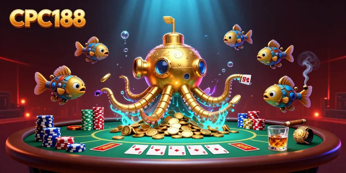 CPC188 showcases an exciting 3D illustrated scene with a golden kraken and poker elements, highlighting the thrill of online gambling.