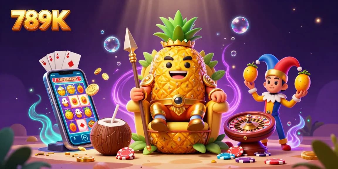 Experience the vibrant riches of 789K in a dynamic beach casino scene with a golden pineapple king and lively game elements.
