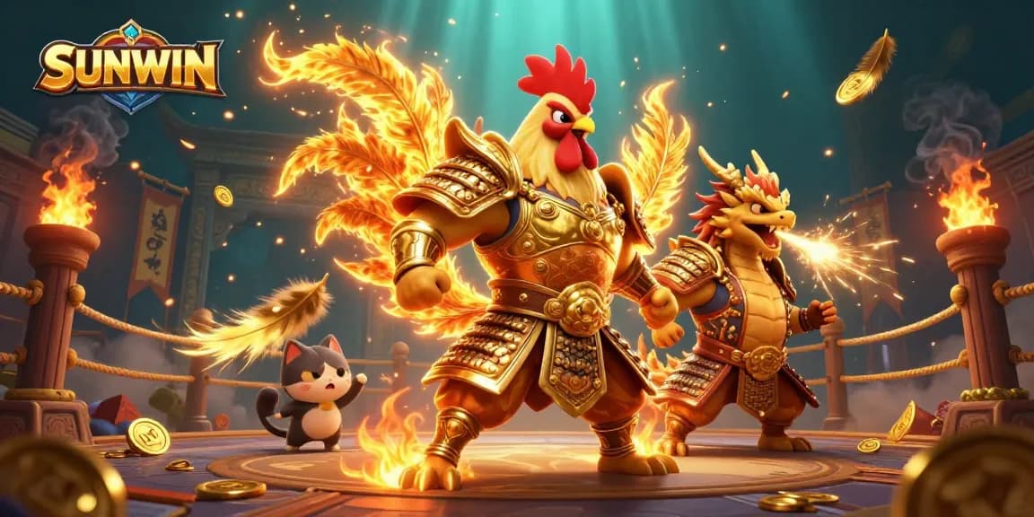 SUNWIN offers thrilling online gaming with a fiery fighting rooster and dragon, immersed in an exciting gambling atmosphere.