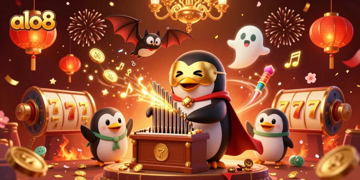 Play with excitement at alo8 featuring a dynamic scene of a phantom opera penguin playing an organ surrounded by casino elements.