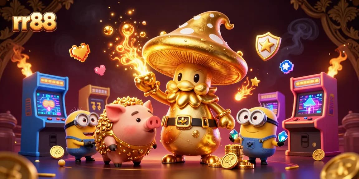 Experience the magic of rr88 with a golden wizard amidst vibrant gaming elements!