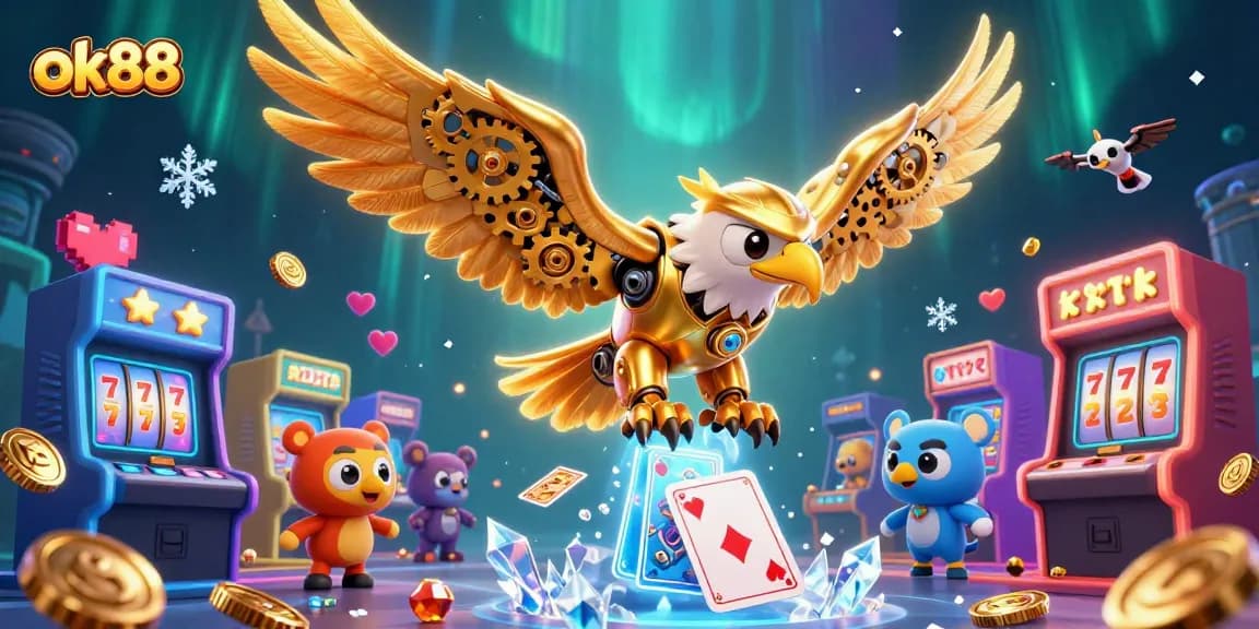 Engage in thrilling moments with ok88 as the cybernetic eagle dives amidst vibrant casino elements.