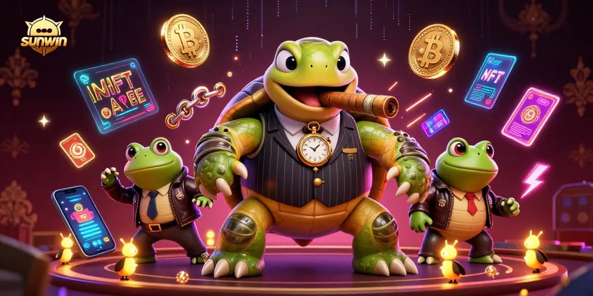 Experience thrilling gameplay with sunwin; a cartoon turtle and bullfrogs in a vibrant casino scene.