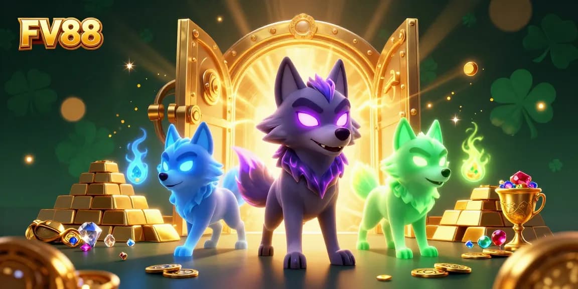 Experience thrilling wins at FV88 with wolf characters amidst gold treasures and vibrant casino elements.