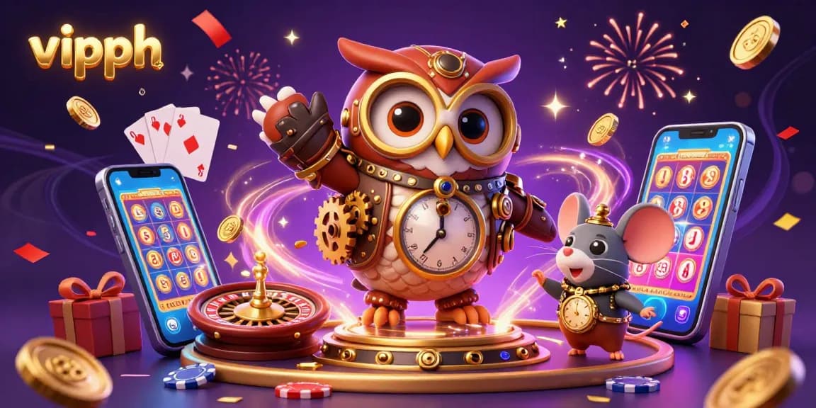 Play thrilling games at vipph casino, with vibrant characters and exciting game elements in a magical setting.