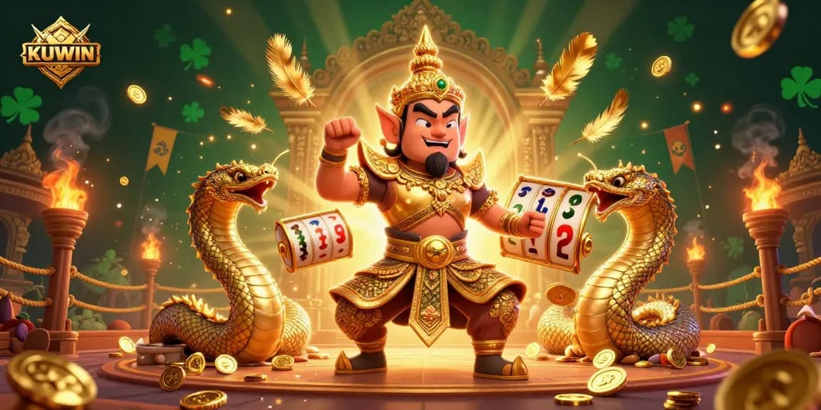 Experience the excitement of KUWIN with animated 3D characters and casino elements in a rich gaming scene.
