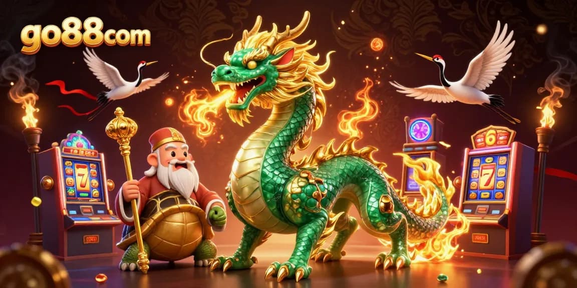Engage with go88com's vibrant 3D casino scene featuring a jade dragon and lucky cranes amidst slot machines.