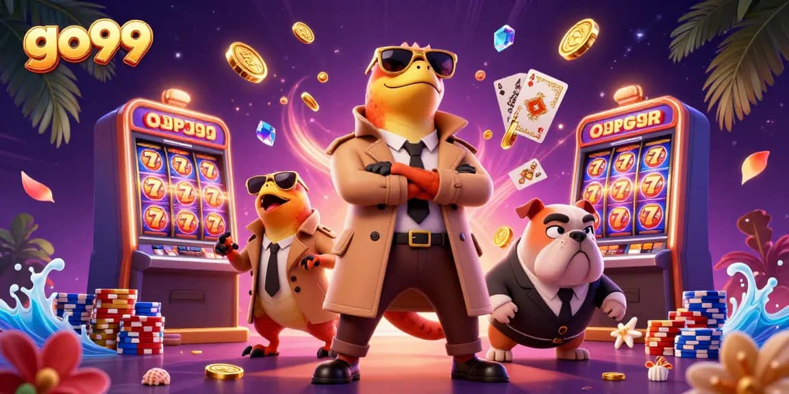 Experience go99 with thrilling slot reels and cartoon raptors in a vibrant casino scene.