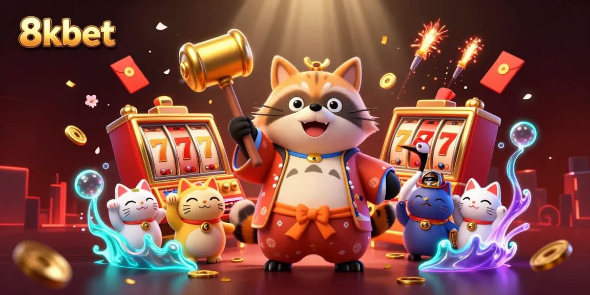 Celebrate wins at 8kbet with vibrant and playful 3D casino-themed illustration.