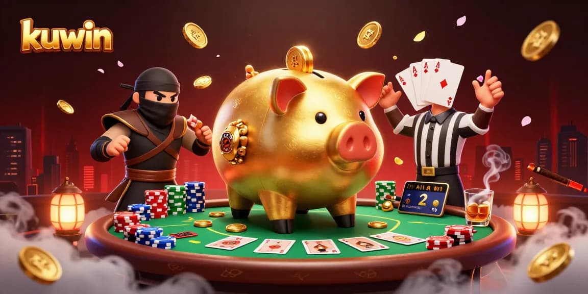 Kuwin features a vibrant casino scene with a golden piggy bank and a wallet ninja engaged in a thrilling poker game.