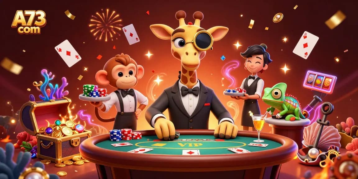 A73 com oferece uma experiência vibrante com girafa jogando pôquer e tesouros submersos ao fundo.