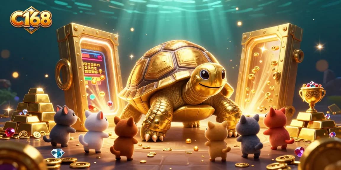 C168 players enjoy high-stakes gaming at a vibrant casino with a colossal tortoise pinball machine.
