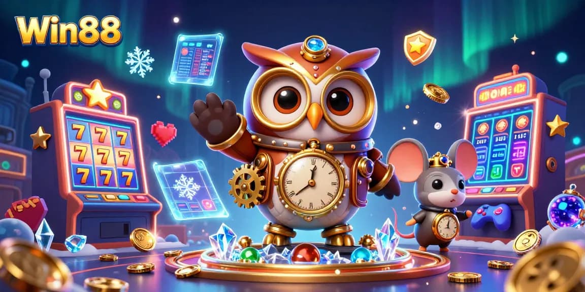 Win88 engages players with vibrant 3D slots and whimsical characters in this dynamic casino scene.