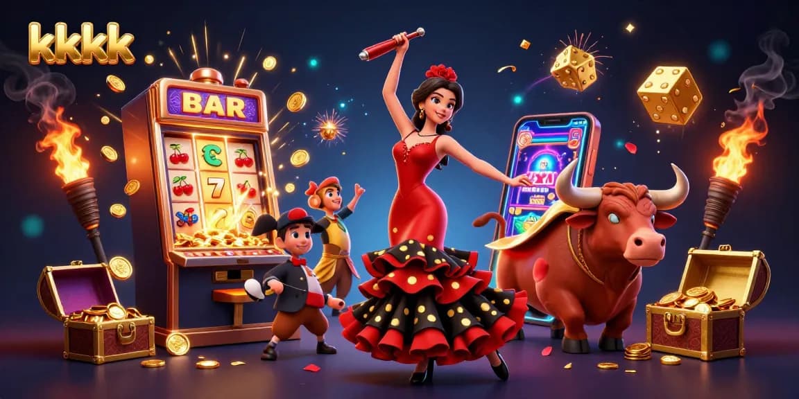Engage with kkkk through dynamic casino illustration featuring slots, characters, and vibrant golden elements.