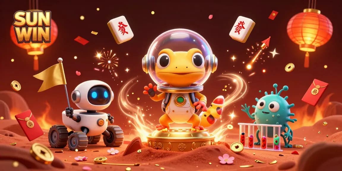 Win big at SUN WIN with a vibrant casino scene featuring a Martian gecko and festive elements.