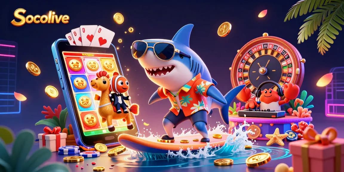 Socolive showcases a vibrant 3D scene of a shark surfing gold coins, epitomizing sports betting excitement.