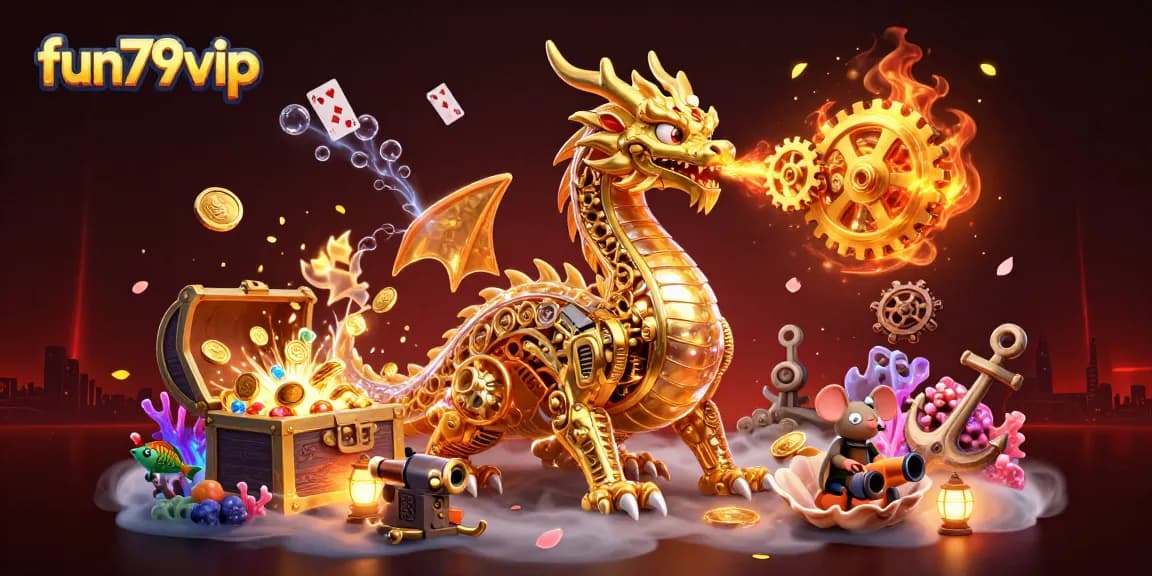 Engage with fun79vip's dynamic online gaming world featuring a golden dragon and treasure-filled adventure.