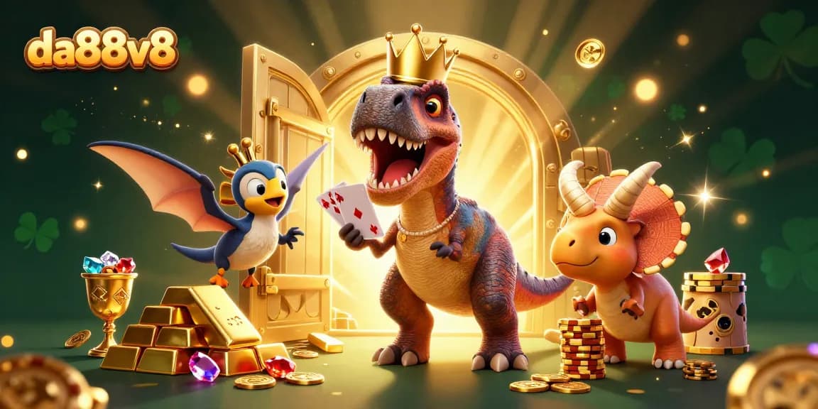 Engage with da88v8 in a playful casino adventure featuring a T-Rex card dealer, gold, and vibrant gems.