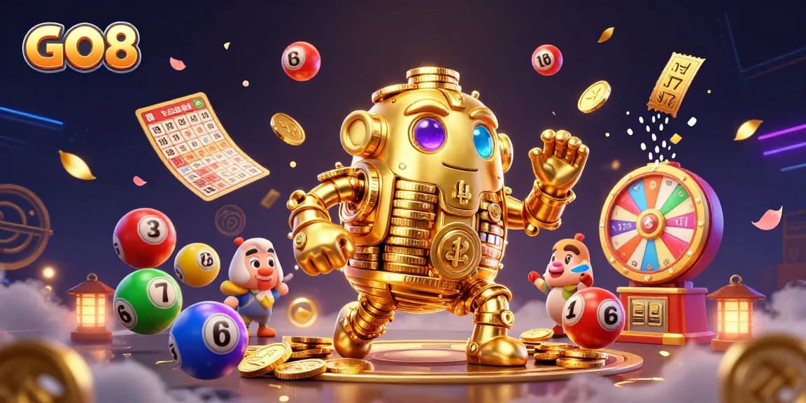 Engage in thrilling gameplay at GO8 with vibrant casino elements and a golden golem.