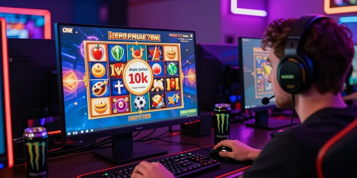 Engaged gamer spinning slot machine with depo pulsa 10k tanpa potongan option, colorful graphics and neon lights.