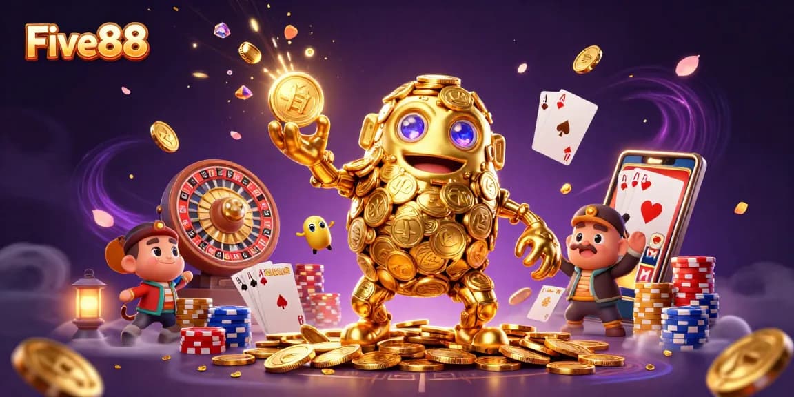 Engage with Five88’s vibrant 3D casino universe, featuring golden elements and dynamic game actions.