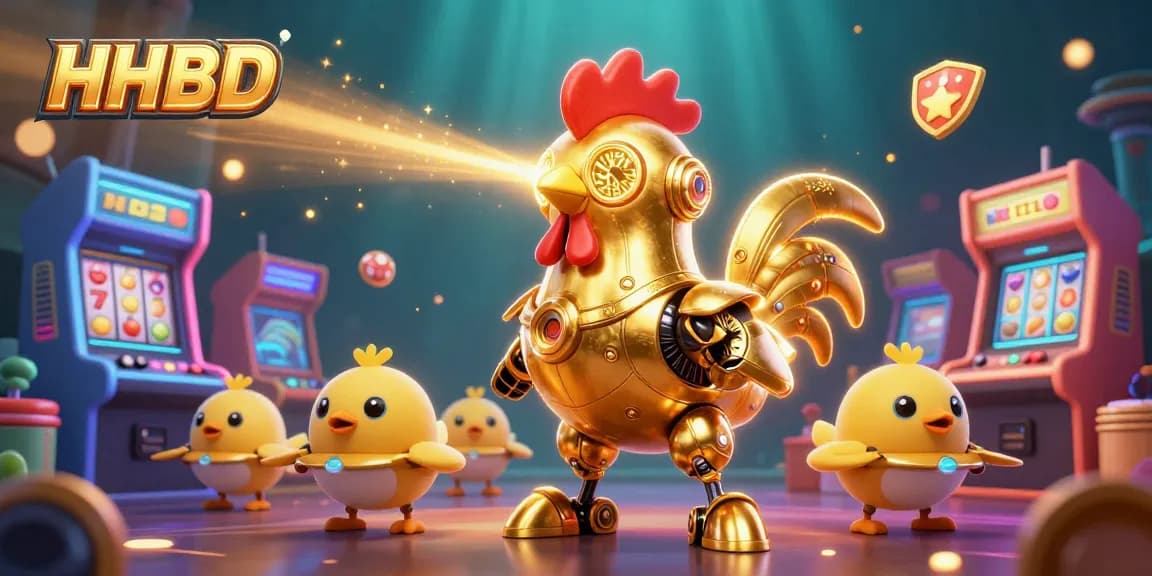 Engage in exciting gameplay with HHBD as a golden rooster robot leads baby chick drones amidst vibrant slots.