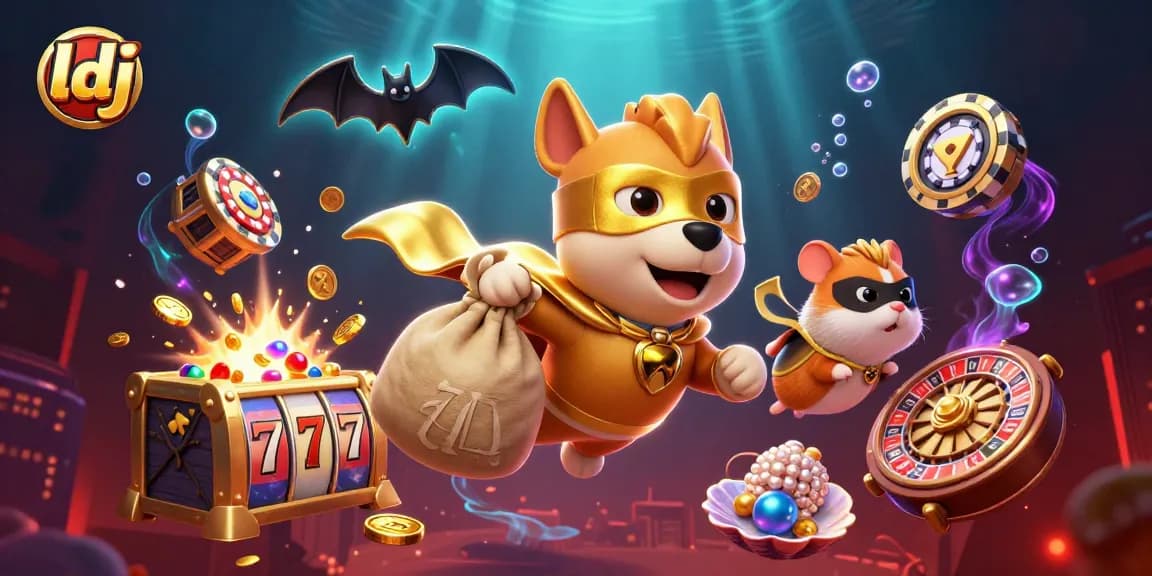 Join the adventure with ldj's casino superhero dog flying through a rich gaming scene filled with gold!