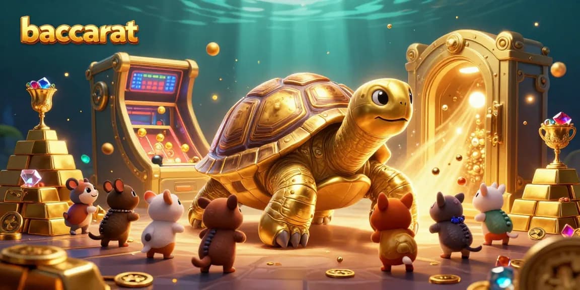 Baccarat scene with a golden tortoise pinball machine and excited animals in an opulent casino setting