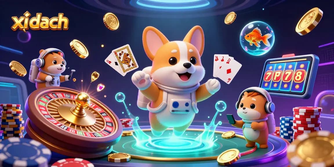 Experience the thrilling action of xì dách with colorful poker chips, floating elements, and a dynamic casino scene.
