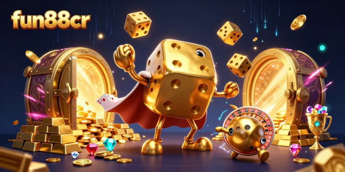 Experience exciting bets at fun88cr with a vibrant scene featuring a golden dice golem and casino treasures.