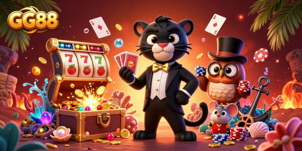Experience thrilling gameplay with GG88 as a stylish panther deals cards amidst vibrant casino elements.