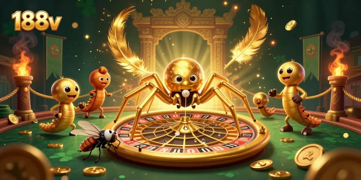 Engage with thrilling bets at 188v, where the golden spider spins winning outcomes in a rich casino scene.