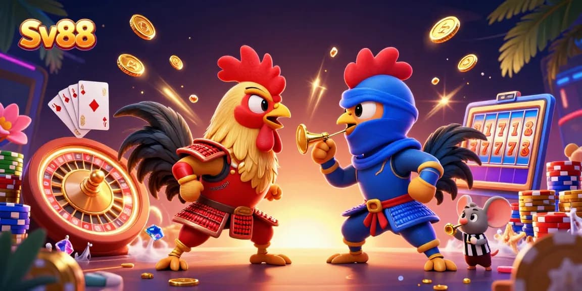 Experience thrilling Sv88 action with fighting roosters in an intense casino showdown.