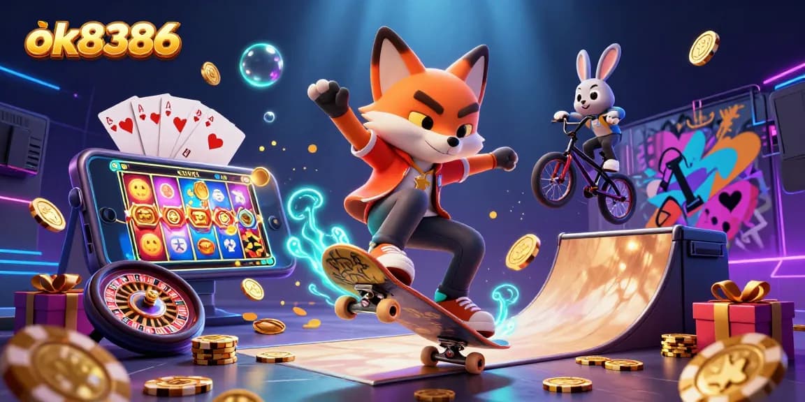 ok8386 engages players with vibrant casino-themed action from a skateboarder fox and a BMX riding rabbit.