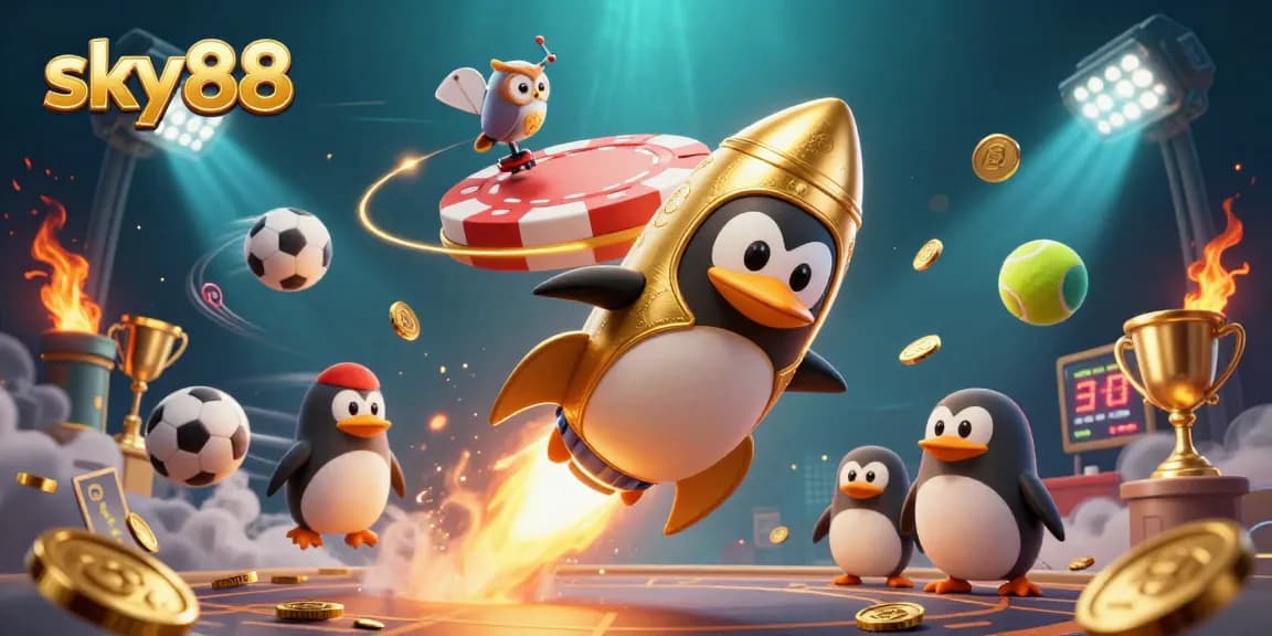 Engage in the thrilling universe of sky88 with a golden penguin racing to a giant poker chip casino.