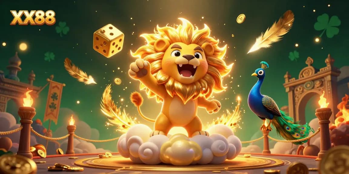Engage with the exciting energy of XX88 casino, showcasing a roaring sun lion, golden dice, and vibrant elements!